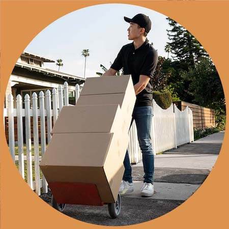 professional mover using dolly to move boxes into new home